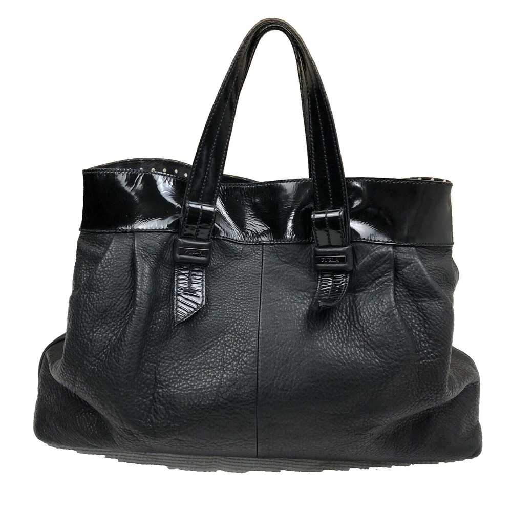 FURLA black leather tote handbag Pleat Slouch Patent Top  Polka dot Fabric Liner